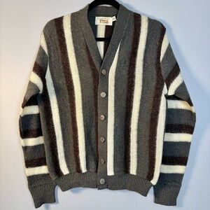 VTG Women’s Wool Cardigan Sweater Striped Green Cream Brown Silver Button Medium